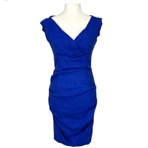 Womens Cobalt Blue Solid Ruched V Neck
Sleeveless Sheath Dress Size 2